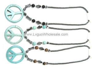 Assorted Color Semi-precious Stone with Big Turquoise Peace Sign Pendant Hematite Necklace